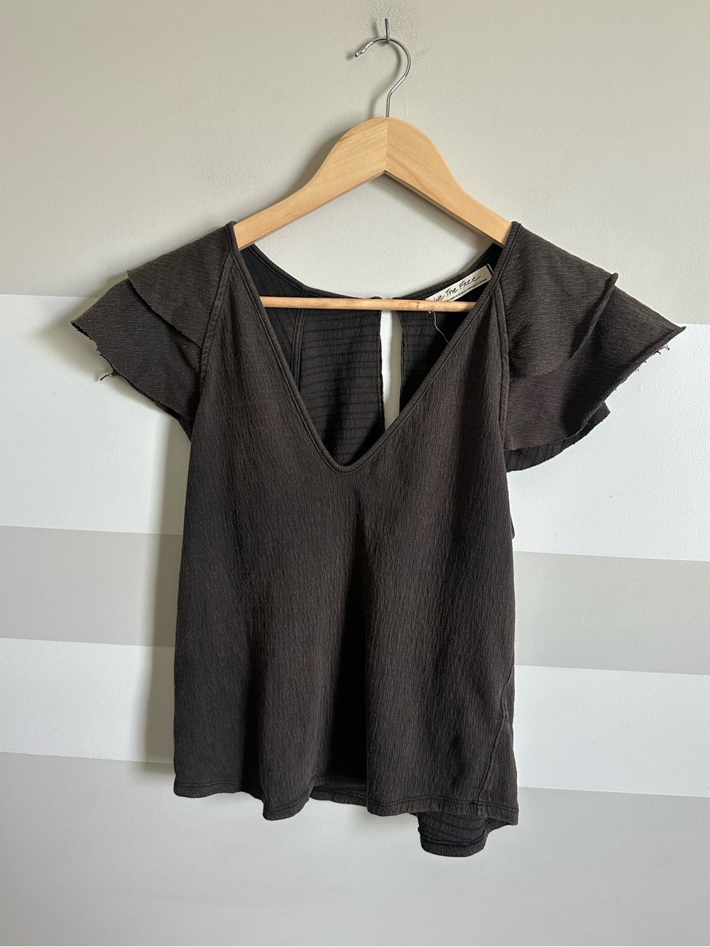 Free People Black Ruffle Flutter Sleeve V-Neck Tee